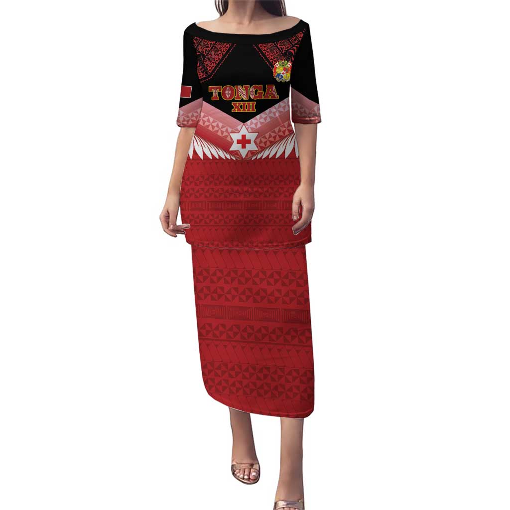 Custom Mate Maa Tonga XIII Puletasi Tongan Kupesi Ngatu - Rugby Style LT14 Long Dress Red - Polynesian Pride