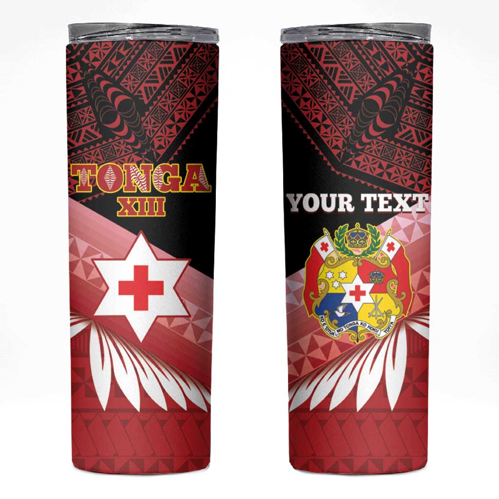 Personalised Mate Maa Tonga XIII Skinny Tumbler Tongan Kupesi Ngatu - Rugby Style