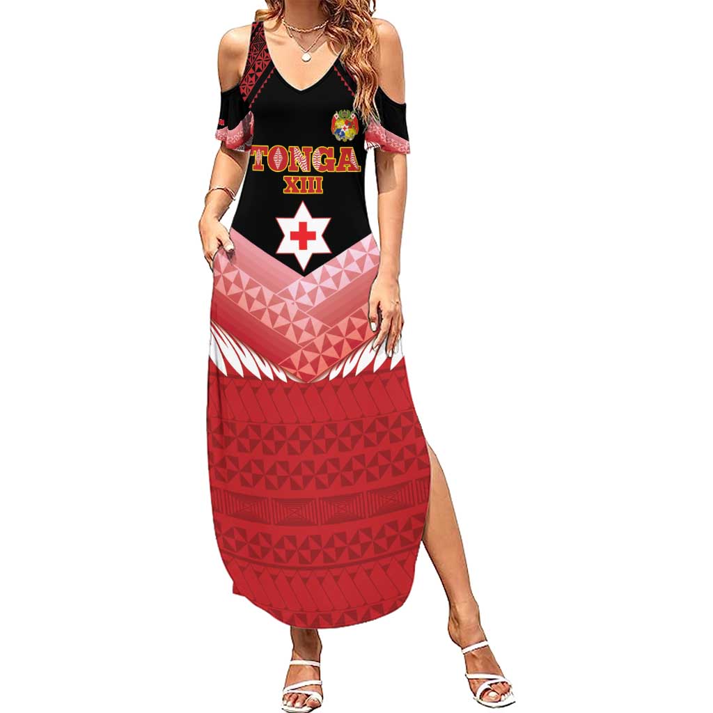 Custom Mate Maa Tonga XIII Summer Maxi Dress Tongan Kupesi Ngatu - Rugby Style LT14 Women Red - Polynesian Pride