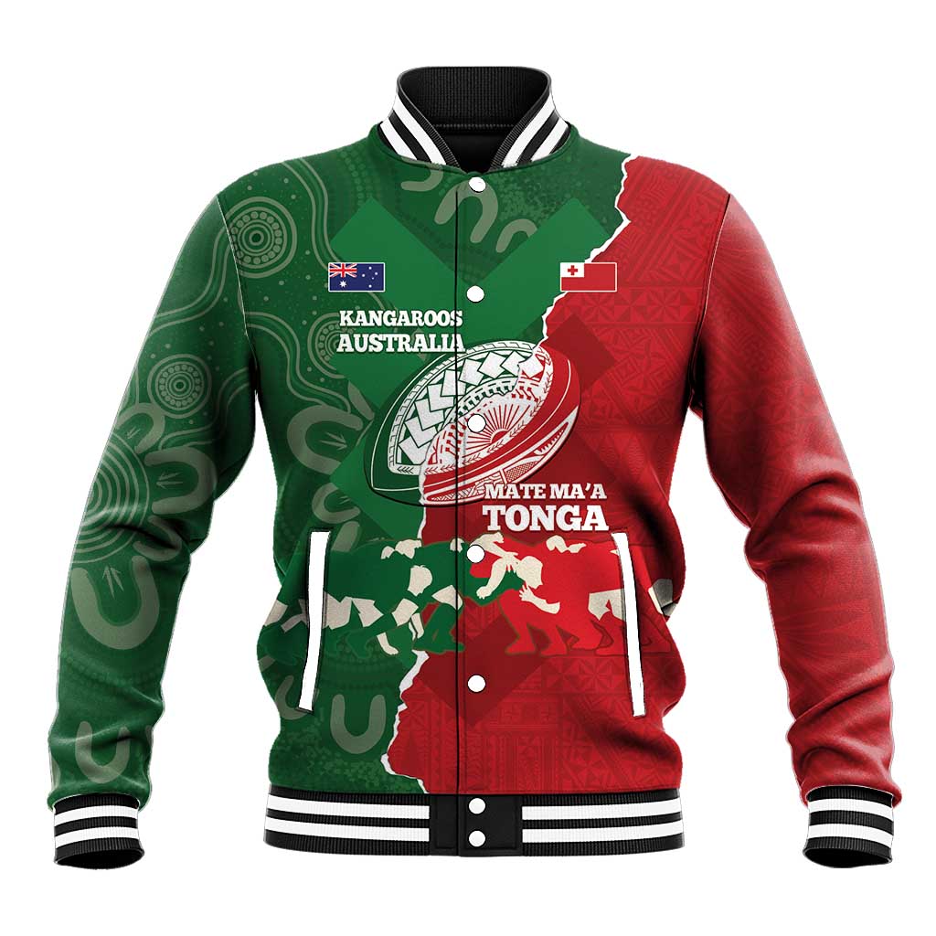 Custom Tonga And Australia Rugby Baseball Jacket Mate Maa Tongan Ngatu Mix Kangaroos Aboriginal LT14 Unisex Green - Polynesian Pride