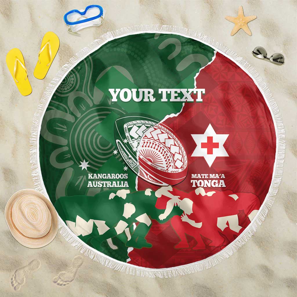 Custom Tonga And Australia Rugby Beach Blanket Mate Maa Tongan Ngatu Mix Kangaroos Aboriginal LT14 One Size 150cm Green - Polynesian Pride