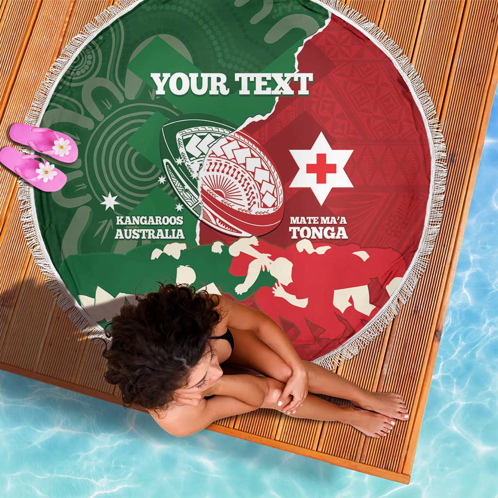 Custom Tonga And Australia Rugby Beach Blanket Mate Maa Tongan Ngatu Mix Kangaroos Aboriginal LT14 - Polynesian Pride