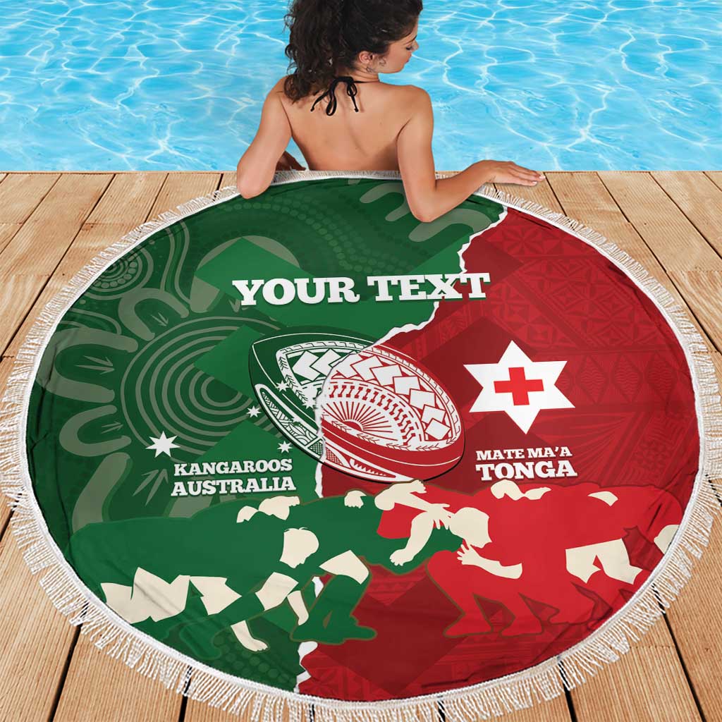Custom Tonga And Australia Rugby Beach Blanket Mate Maa Tongan Ngatu Mix Kangaroos Aboriginal LT14 - Polynesian Pride