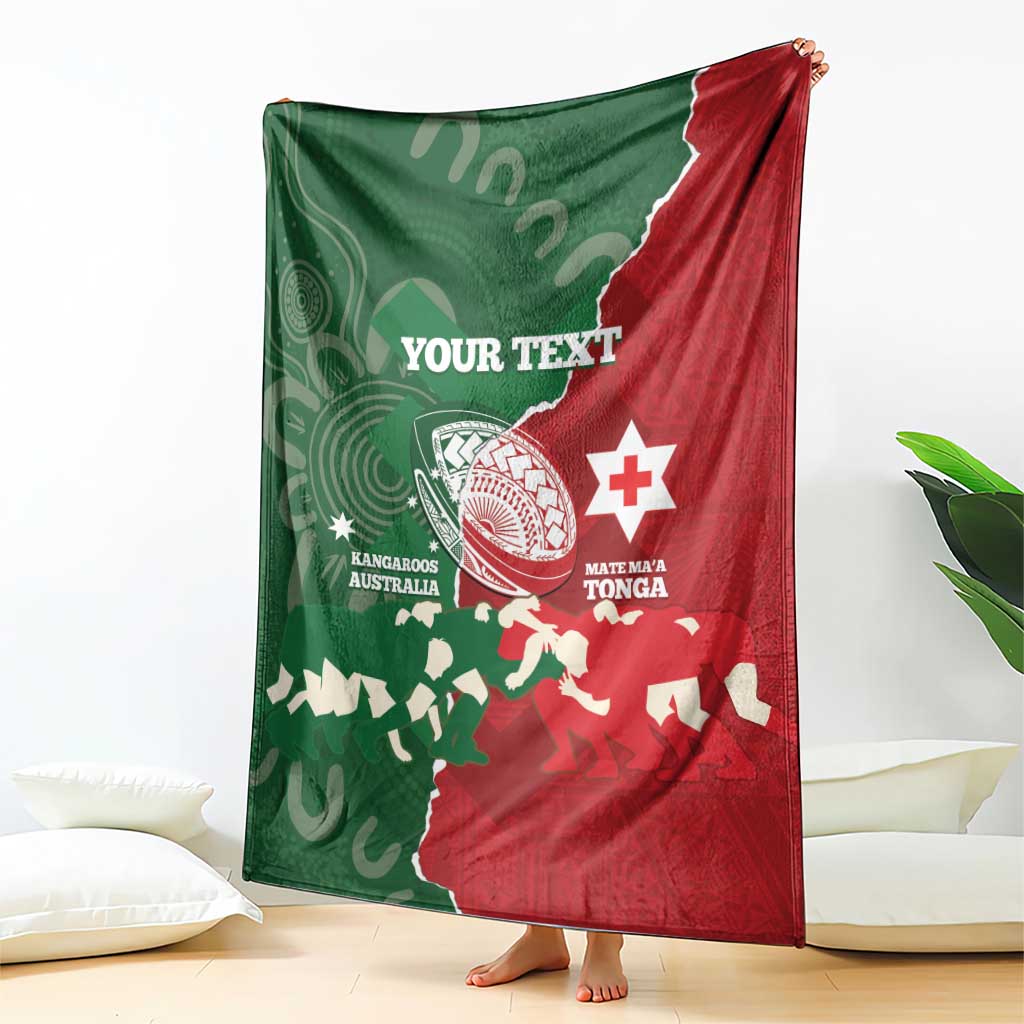 Custom Tonga And Australia Rugby Blanket Mate Maa Tongan Ngatu Mix Kangaroos Aboriginal LT14 - Polynesian Pride