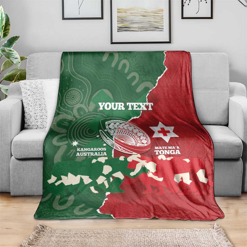 Custom Tonga And Australia Rugby Blanket Mate Maa Tongan Ngatu Mix Kangaroos Aboriginal LT14 - Polynesian Pride