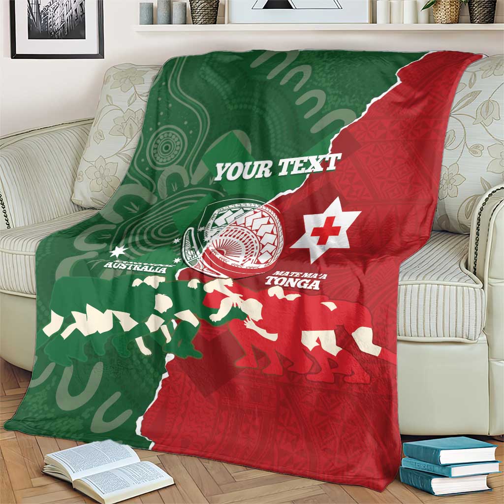 Custom Tonga And Australia Rugby Blanket Mate Maa Tongan Ngatu Mix Kangaroos Aboriginal LT14 - Polynesian Pride