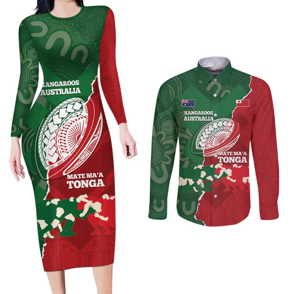 Custom Tonga And Australia Rugby Couples Matching Long Sleeve Bodycon Dress and Long Sleeve Button Shirt Mate Maa Tongan Ngatu Mix Kangaroos Aboriginal LT14 Green - Polynesian Pride