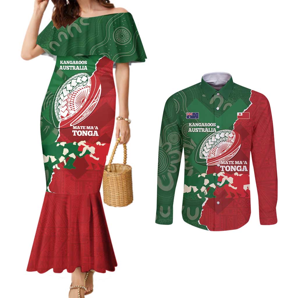 Custom Tonga And Australia Rugby Couples Matching Mermaid Dress and Long Sleeve Button Shirt Mate Maa Tongan Ngatu Mix Kangaroos Aboriginal LT14 Green - Polynesian Pride