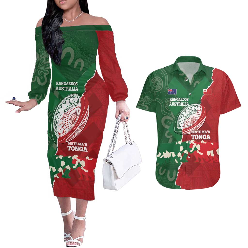 Custom Tonga And Australia Rugby Couples Matching Off The Shoulder Long Sleeve Dress and Hawaiian Shirt Mate Maa Tongan Ngatu Mix Kangaroos Aboriginal