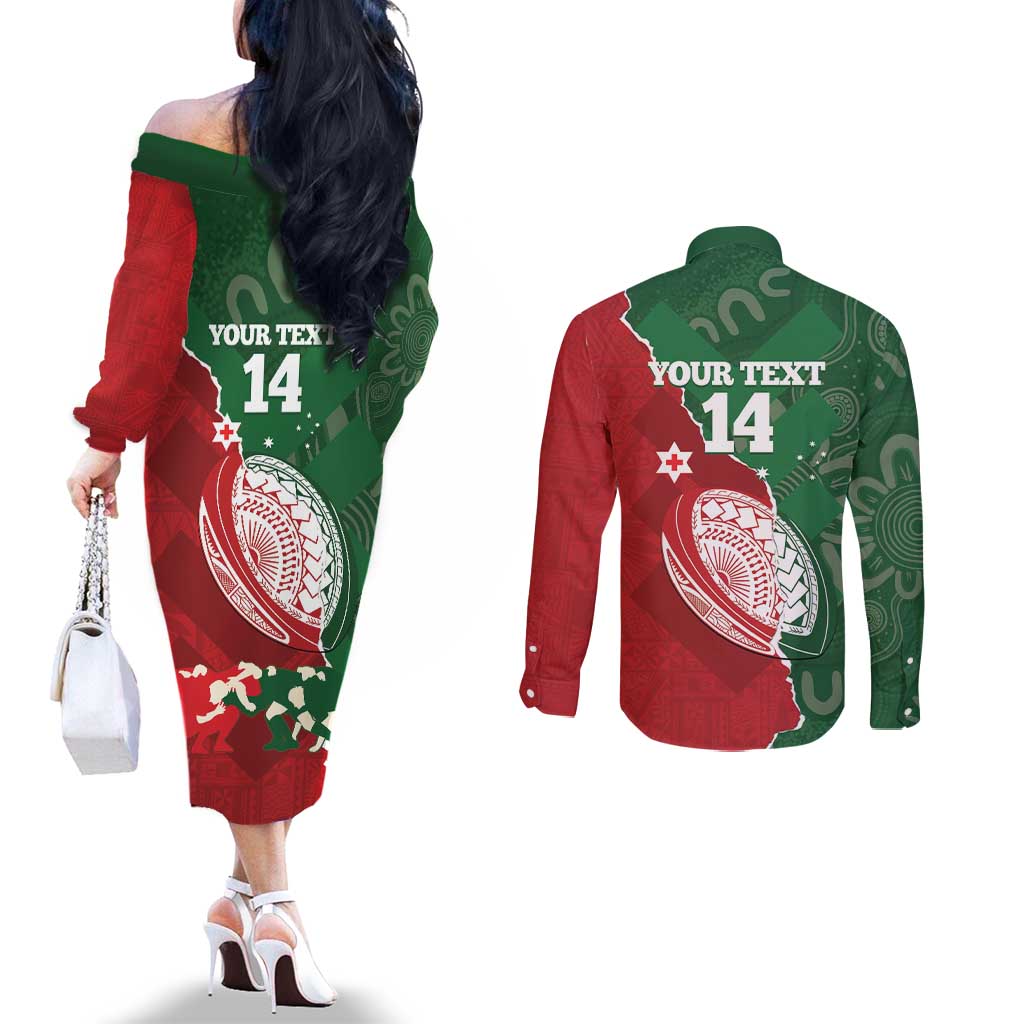 Custom Tonga And Australia Rugby Couples Matching Off The Shoulder Long Sleeve Dress and Long Sleeve Button Shirt Mate Maa Tongan Ngatu Mix Kangaroos Aboriginal
