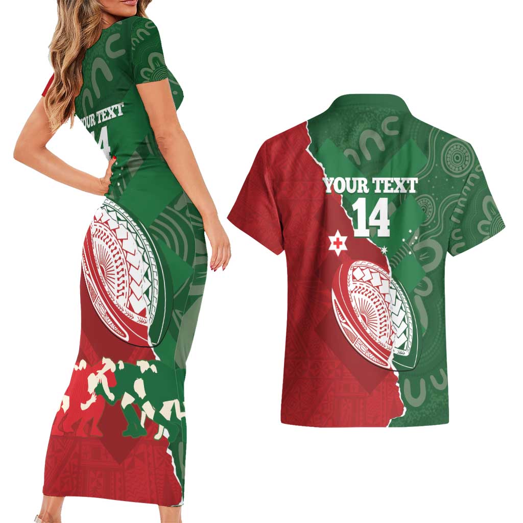 Custom Tonga And Australia Rugby Couples Matching Short Sleeve Bodycon Dress and Hawaiian Shirt Mate Maa Tongan Ngatu Mix Kangaroos Aboriginal