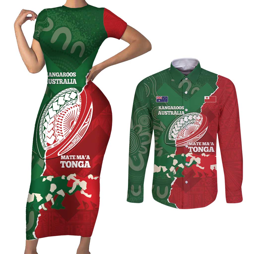 Custom Tonga And Australia Rugby Couples Matching Short Sleeve Bodycon Dress and Long Sleeve Button Shirt Mate Maa Tongan Ngatu Mix Kangaroos Aboriginal LT14 Green - Polynesian Pride