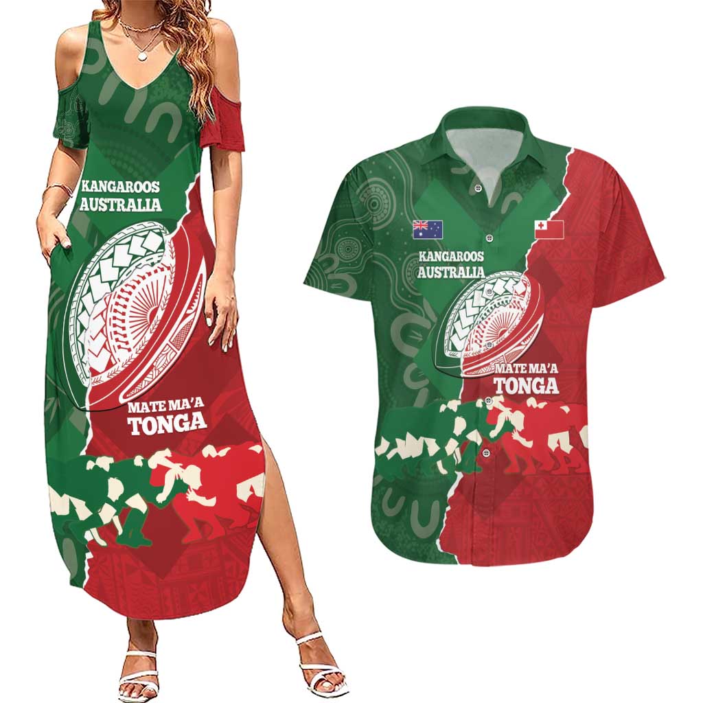 Custom Tonga And Australia Rugby Couples Matching Summer Maxi Dress and Hawaiian Shirt Mate Maa Tongan Ngatu Mix Kangaroos Aboriginal LT14 Green - Polynesian Pride