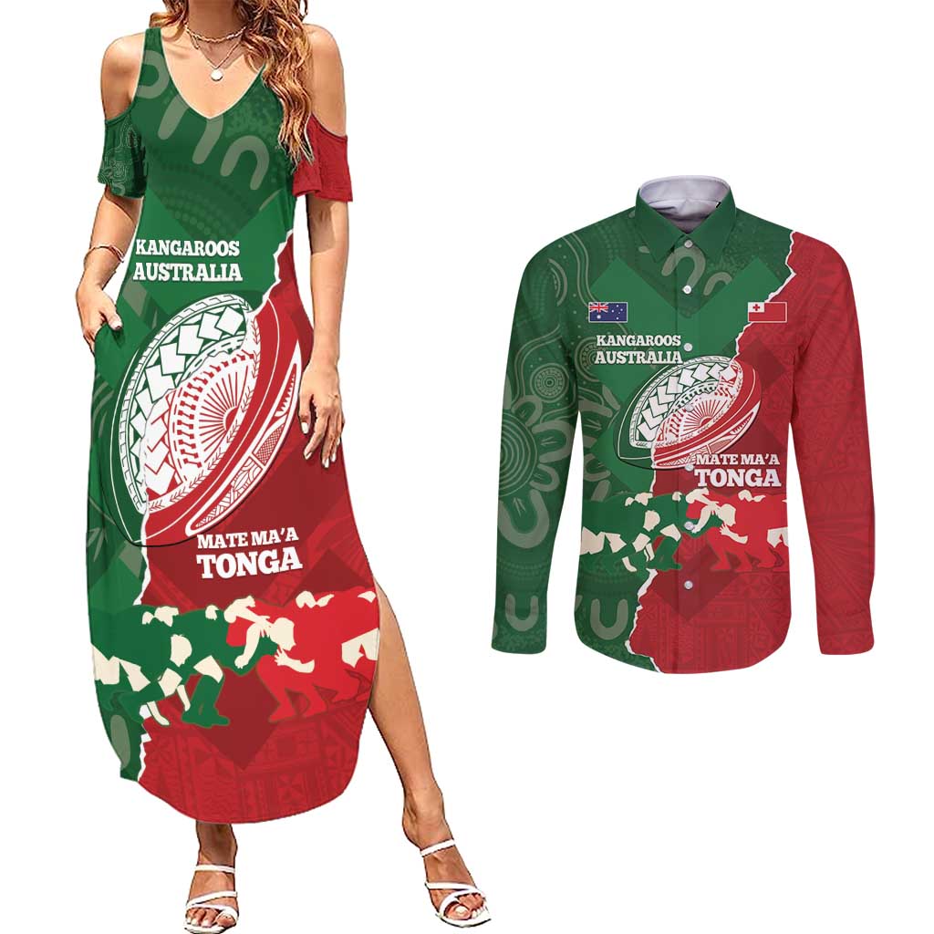Custom Tonga And Australia Rugby Couples Matching Summer Maxi Dress and Long Sleeve Button Shirt Mate Maa Tongan Ngatu Mix Kangaroos Aboriginal LT14 Green - Polynesian Pride