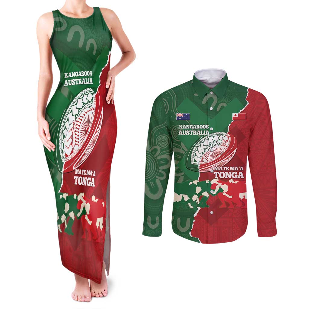 Custom Tonga And Australia Rugby Couples Matching Tank Maxi Dress and Long Sleeve Button Shirt Mate Maa Tongan Ngatu Mix Kangaroos Aboriginal LT14 Green - Polynesian Pride