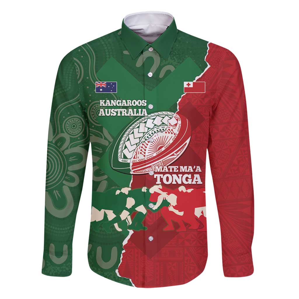 Custom Tonga And Australia Rugby Family Matching Long Sleeve Bodycon Dress and Hawaiian Shirt Mate Maa Tongan Ngatu Mix Kangaroos Aboriginal