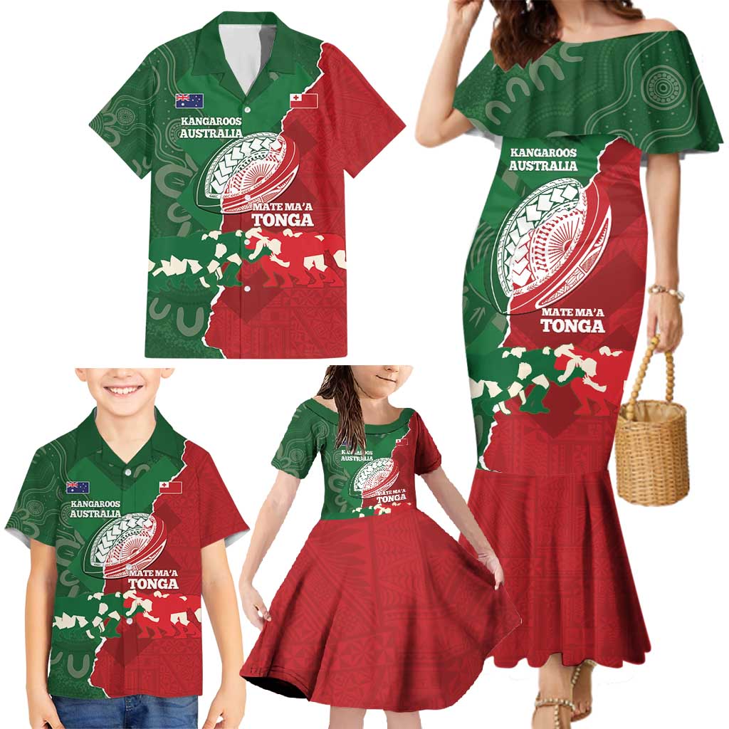 Custom Tonga And Australia Rugby Family Matching Mermaid Dress and Hawaiian Shirt Mate Maa Tongan Ngatu Mix Kangaroos Aboriginal LT14 - Polynesian Pride