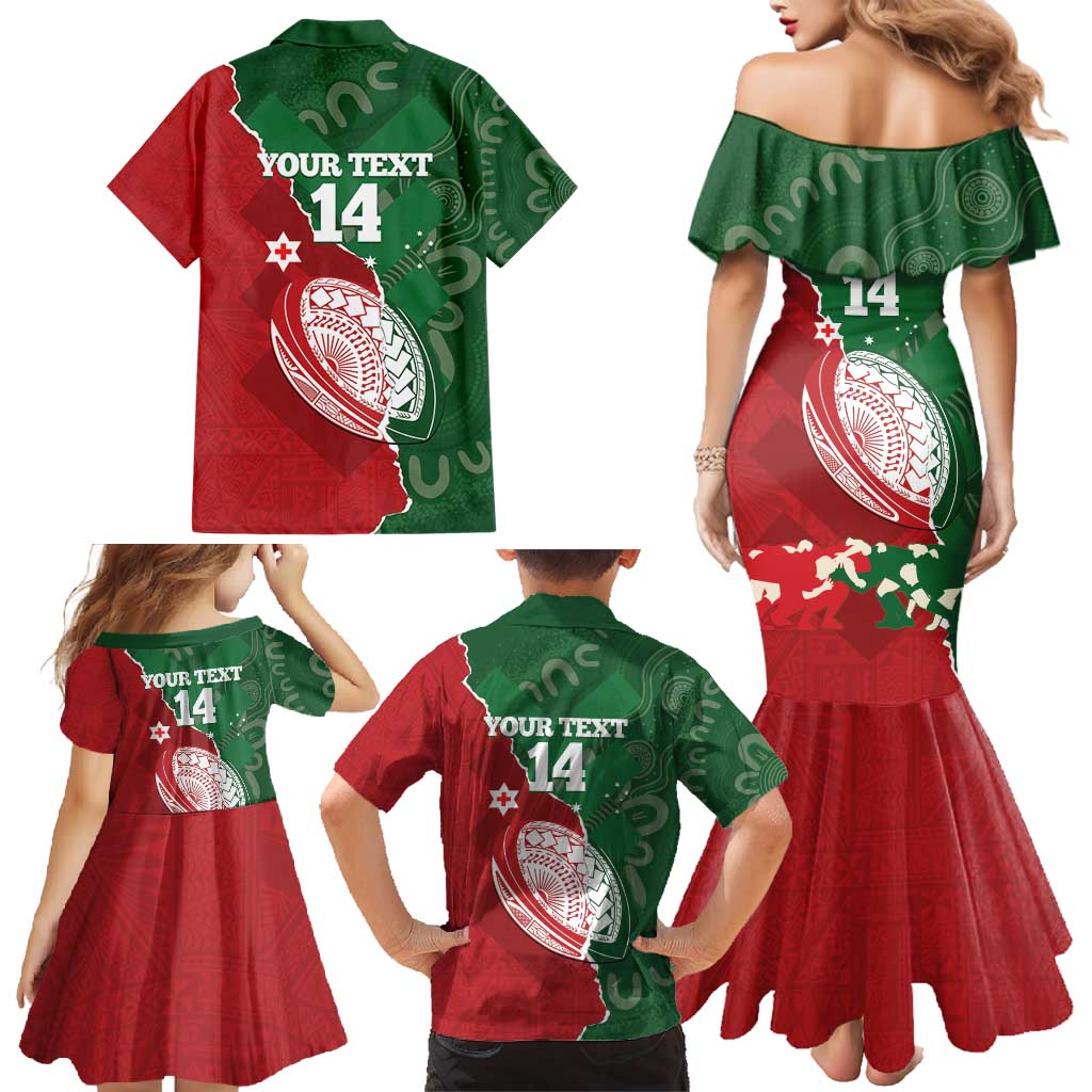 Custom Tonga And Australia Rugby Family Matching Mermaid Dress and Hawaiian Shirt Mate Maa Tongan Ngatu Mix Kangaroos Aboriginal