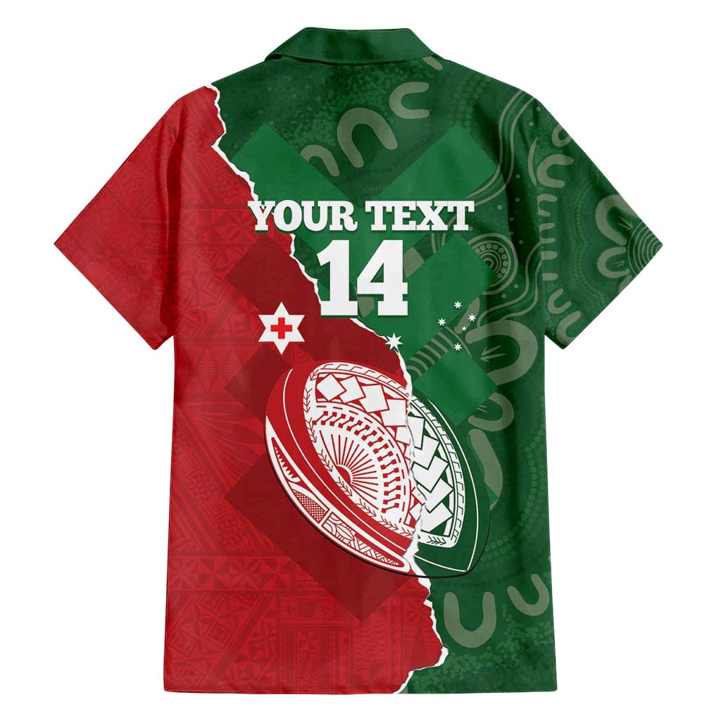 Custom Tonga And Australia Rugby Family Matching Off Shoulder Short Dress and Hawaiian Shirt Mate Maa Tongan Ngatu Mix Kangaroos Aboriginal