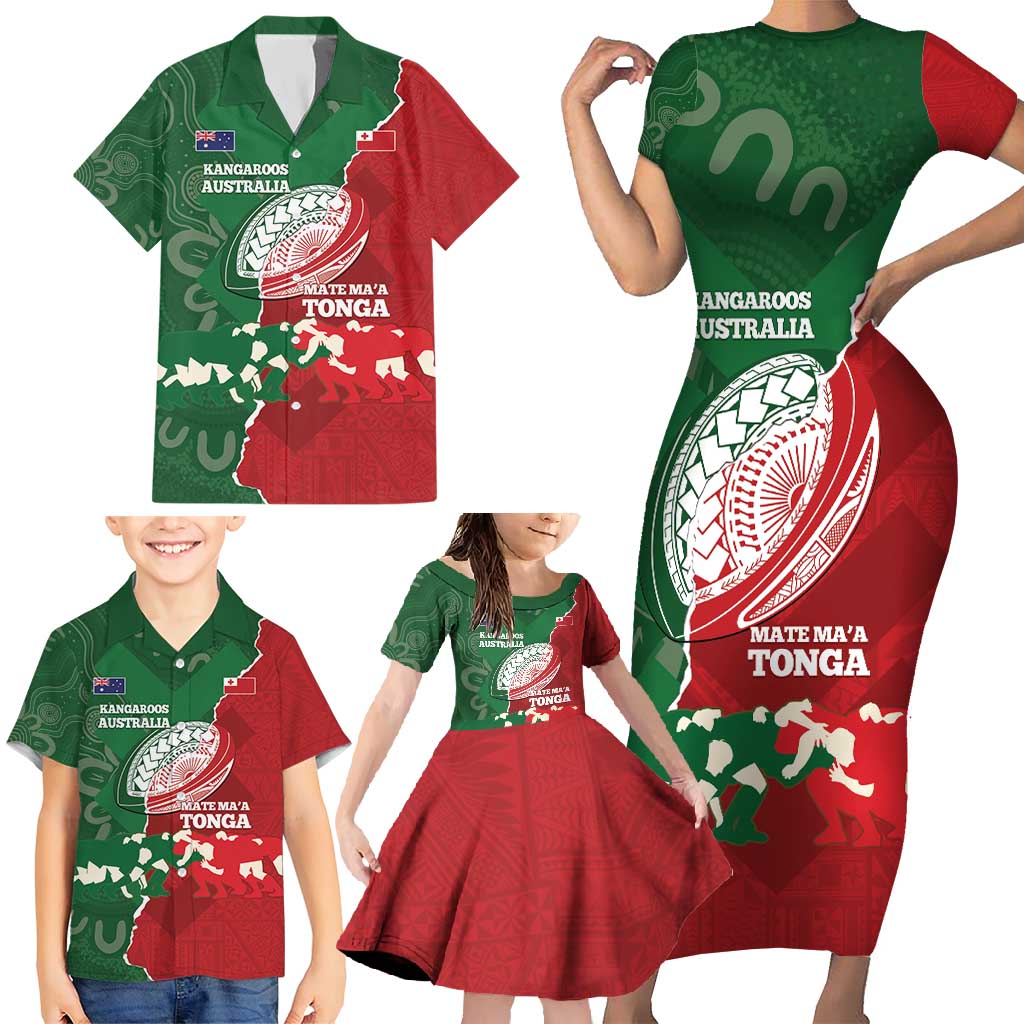 Custom Tonga And Australia Rugby Family Matching Short Sleeve Bodycon Dress and Hawaiian Shirt Mate Maa Tongan Ngatu Mix Kangaroos Aboriginal