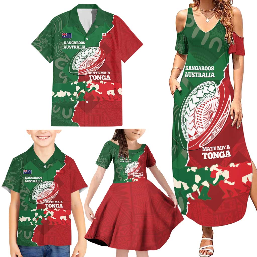 Custom Tonga And Australia Rugby Family Matching Summer Maxi Dress and Hawaiian Shirt Mate Maa Tongan Ngatu Mix Kangaroos Aboriginal