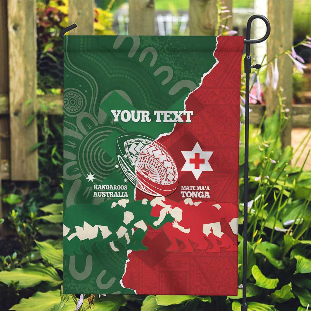 Custom Tonga And Australia Rugby Garden Flag Mate Maa Tongan Ngatu Mix Kangaroos Aboriginal LT14 Garden Flag Green - Polynesian Pride