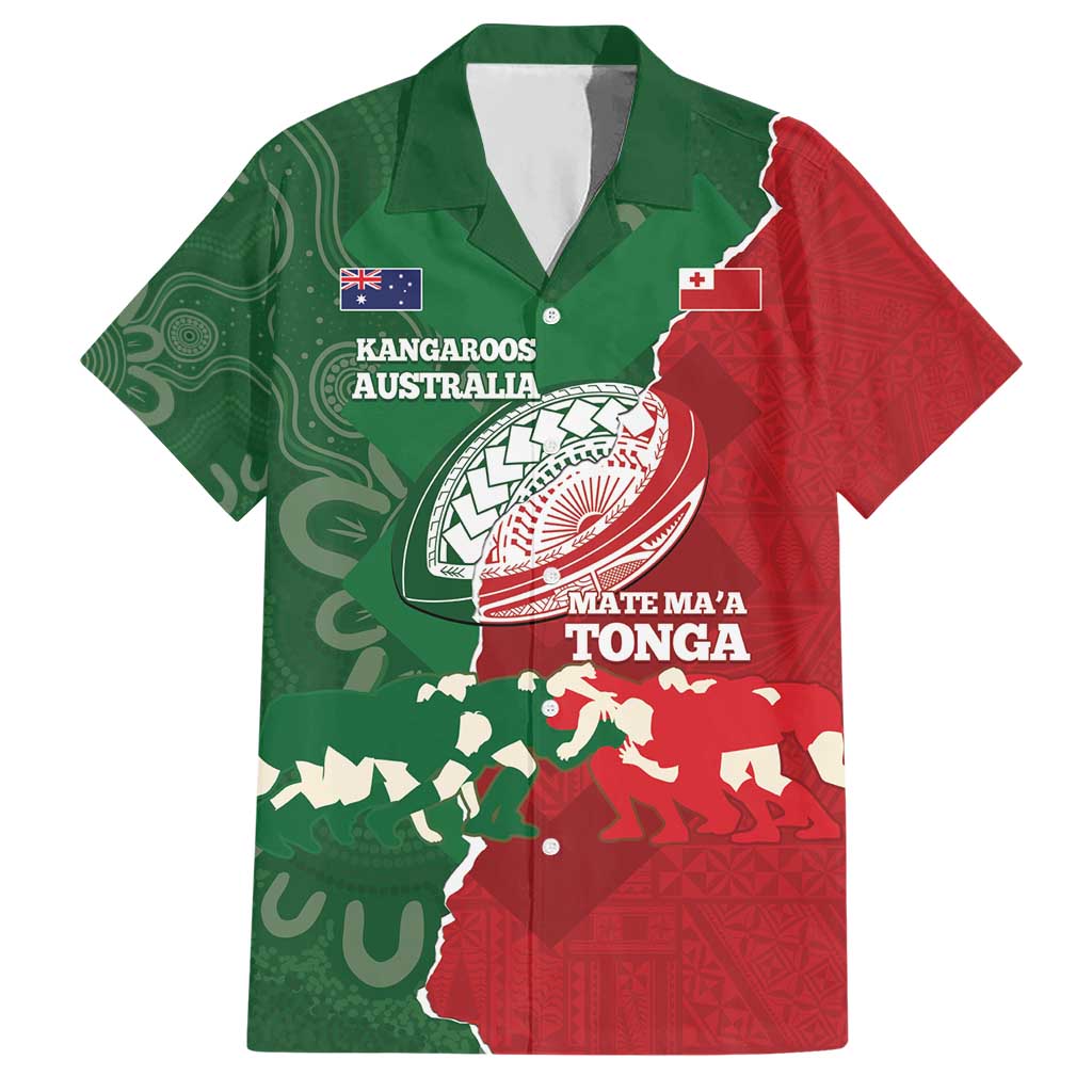 Custom Tonga And Australia Rugby Hawaiian Shirt Mate Maa Tongan Ngatu Mix Kangaroos Aboriginal LT14 Green - Polynesian Pride