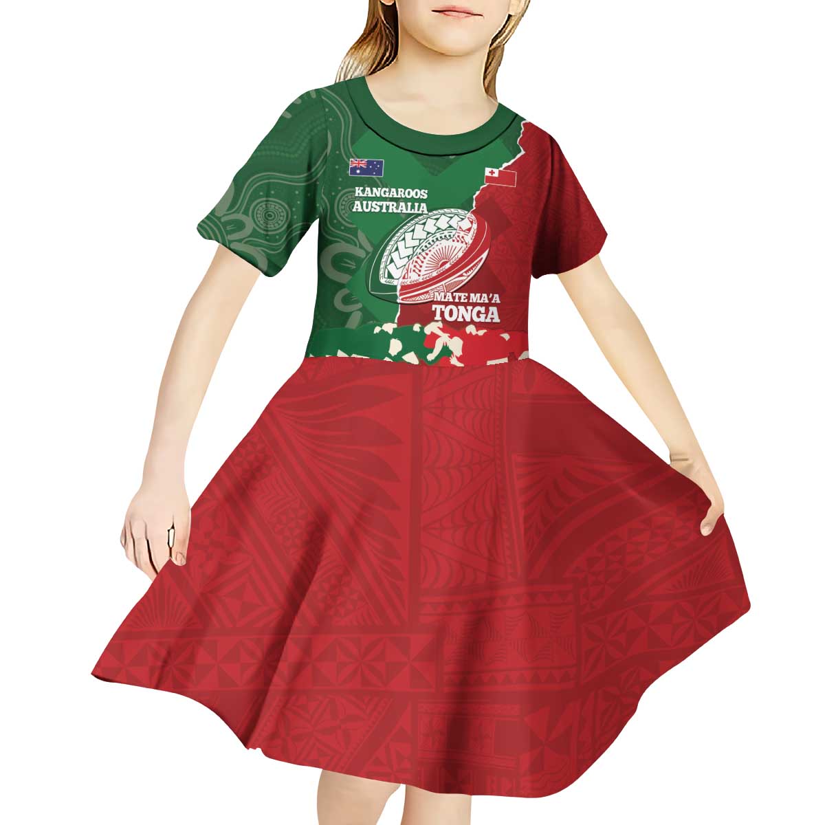 Custom Tonga And Australia Rugby Kid Short Sleeve Dress Mate Maa Tongan Ngatu Mix Kangaroos Aboriginal