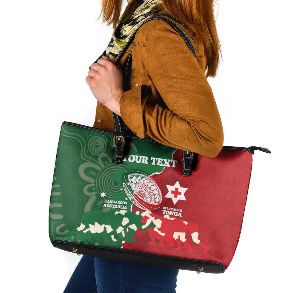 Custom Tonga And Australia Rugby Leather Tote Bag Mate Maa Tongan Ngatu Mix Kangaroos Aboriginal LT14 Green - Polynesian Pride