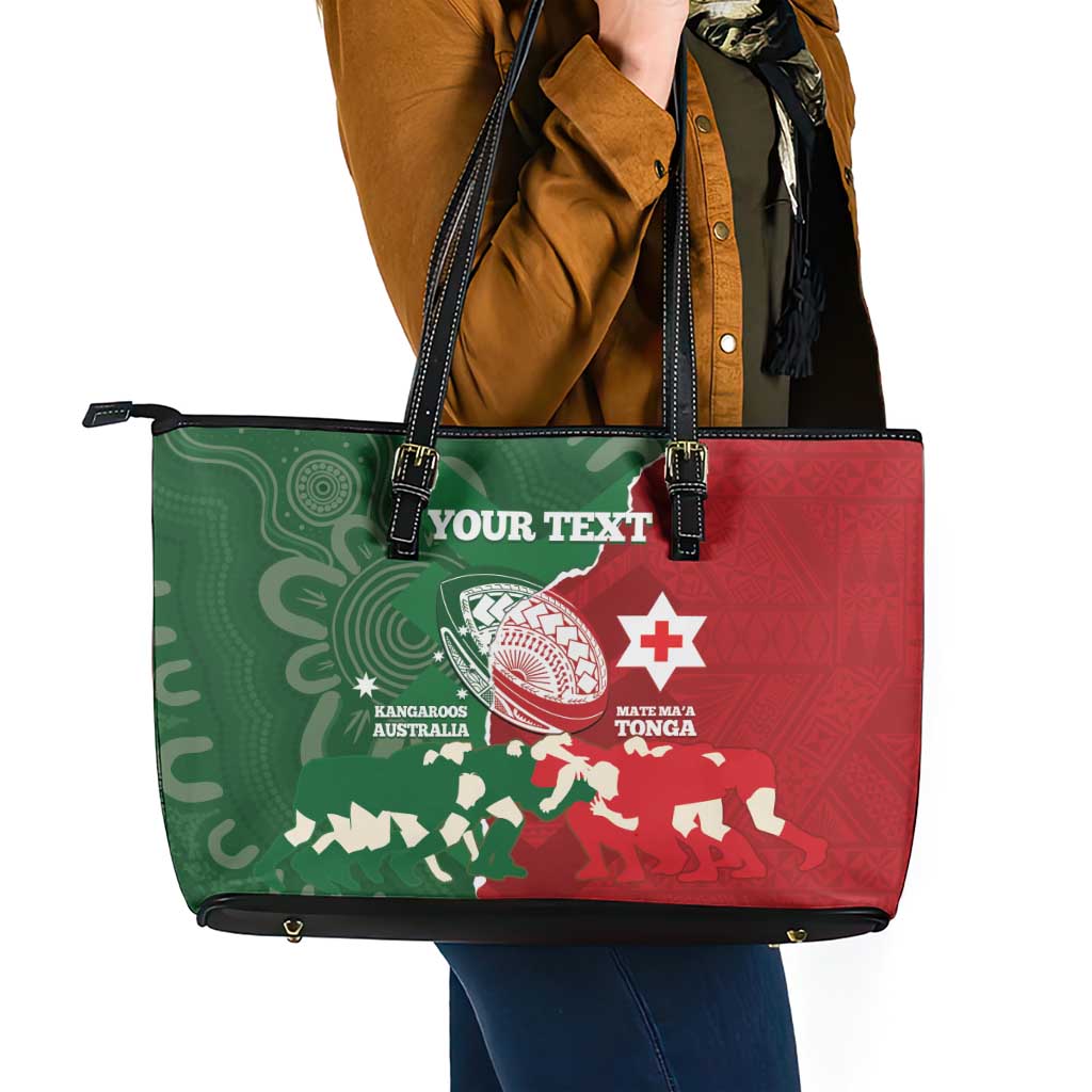 Custom Tonga And Australia Rugby Leather Tote Bag Mate Maa Tongan Ngatu Mix Kangaroos Aboriginal LT14 - Polynesian Pride
