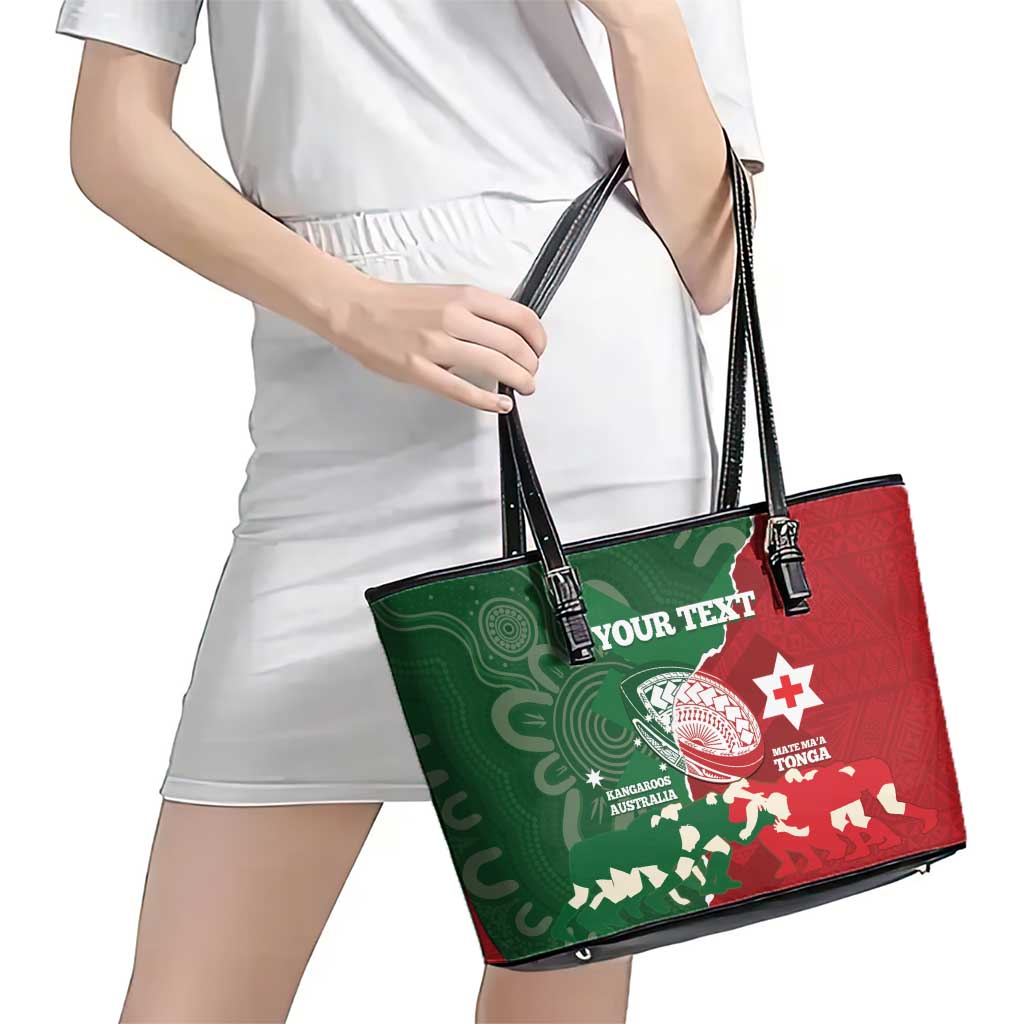 Custom Tonga And Australia Rugby Leather Tote Bag Mate Maa Tongan Ngatu Mix Kangaroos Aboriginal LT14 - Polynesian Pride