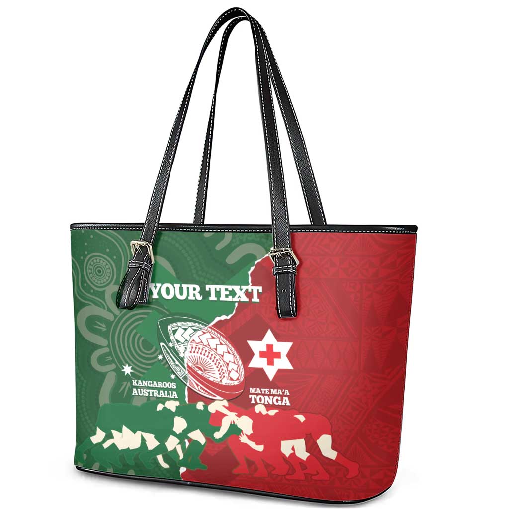 Custom Tonga And Australia Rugby Leather Tote Bag Mate Maa Tongan Ngatu Mix Kangaroos Aboriginal LT14 - Polynesian Pride