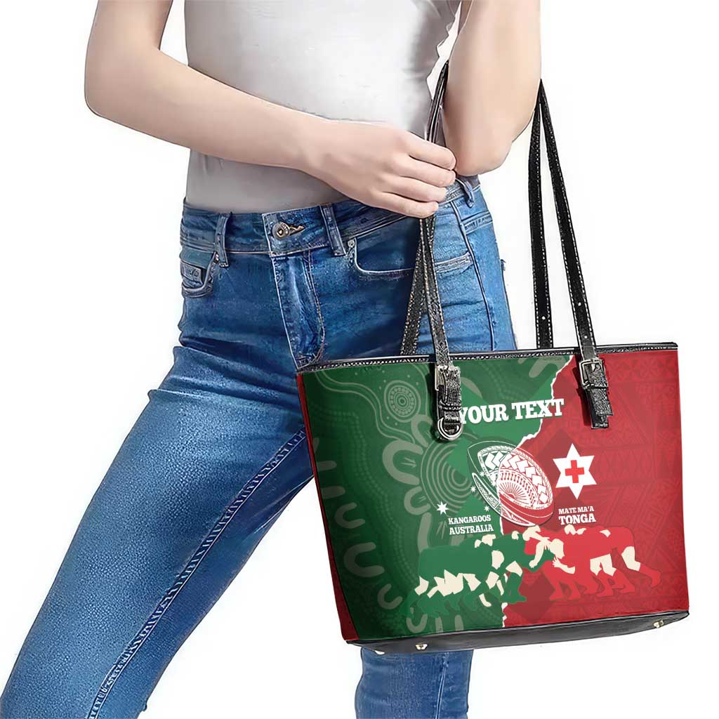 Custom Tonga And Australia Rugby Leather Tote Bag Mate Maa Tongan Ngatu Mix Kangaroos Aboriginal LT14 - Polynesian Pride