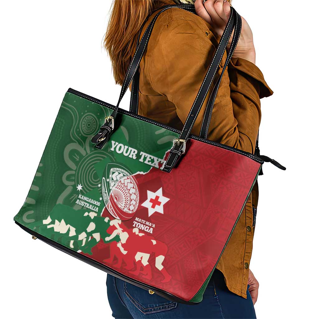 Custom Tonga And Australia Rugby Leather Tote Bag Mate Maa Tongan Ngatu Mix Kangaroos Aboriginal LT14 - Polynesian Pride