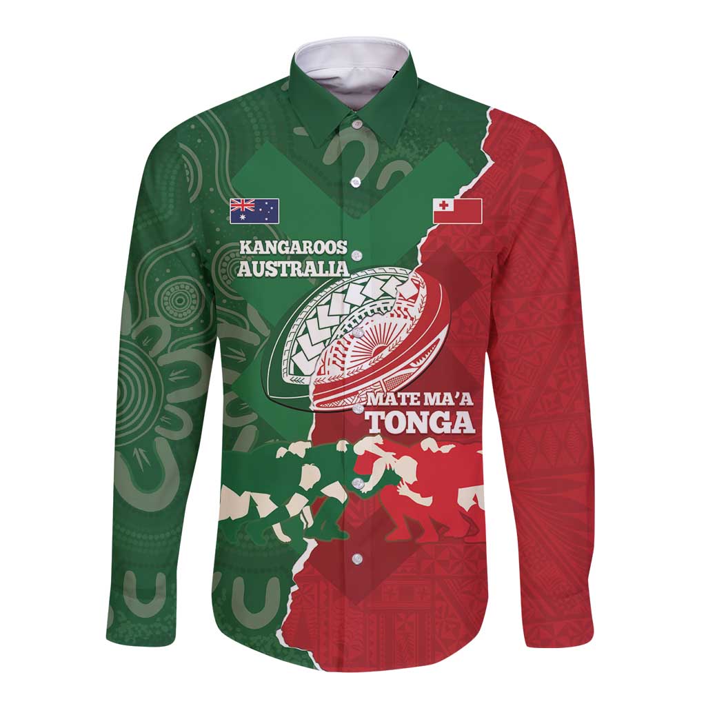 Custom Tonga And Australia Rugby Long Sleeve Button Shirt Mate Maa Tongan Ngatu Mix Kangaroos Aboriginal