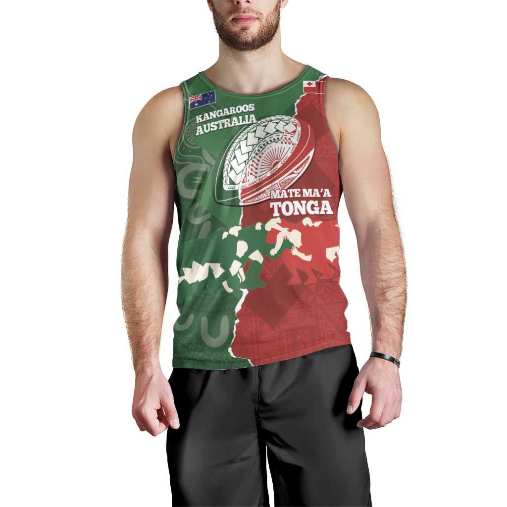Custom Tonga And Australia Rugby Men Tank Top Mate Maa Tongan Ngatu Mix Kangaroos Aboriginal LT14 - Polynesian Pride