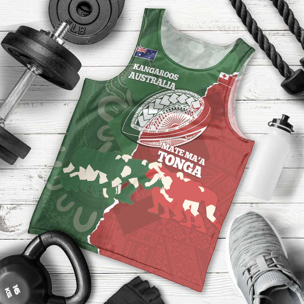 Custom Tonga And Australia Rugby Men Tank Top Mate Maa Tongan Ngatu Mix Kangaroos Aboriginal LT14 - Polynesian Pride