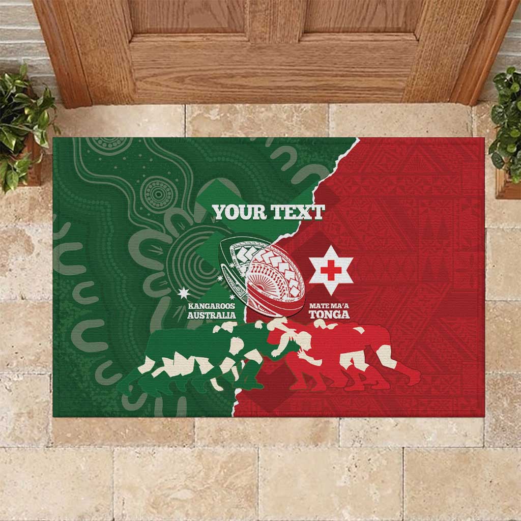 Custom Tonga And Australia Rugby Rubber Doormat Mate Maa Tongan Ngatu Mix Kangaroos Aboriginal LT14 Green - Polynesian Pride