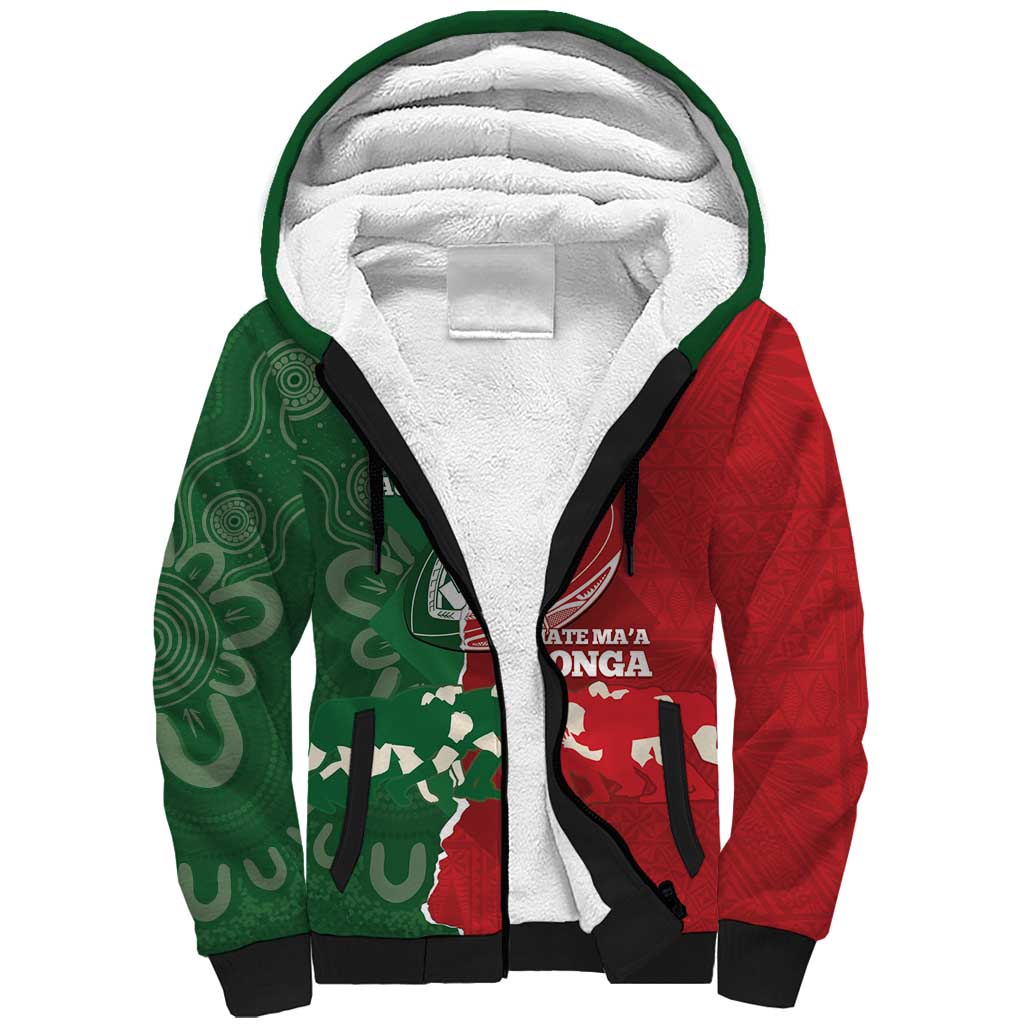 Custom Tonga And Australia Rugby Sherpa Hoodie Mate Maa Tongan Ngatu Mix Kangaroos Aboriginal