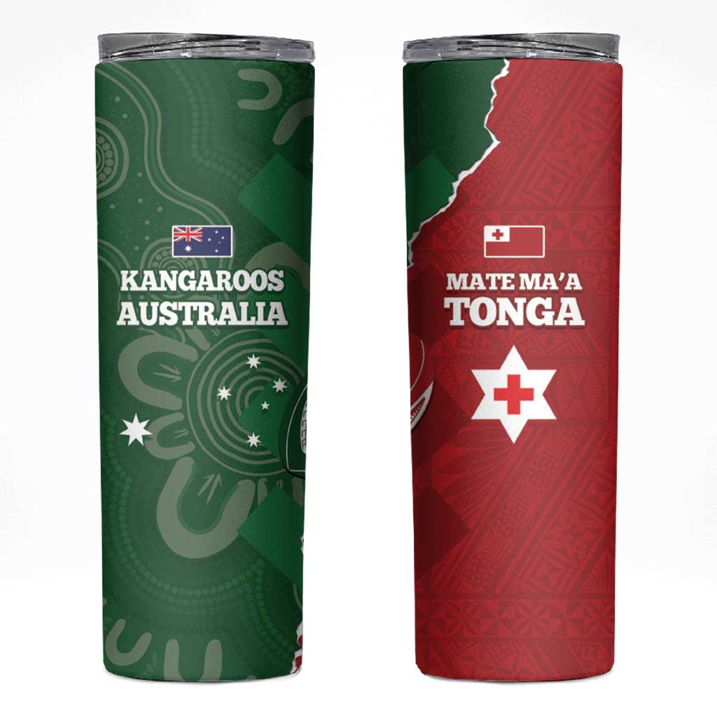 Tonga And Australia Rugby Skinny Tumbler Mate Maa Tongan Ngatu Mix Kangaroos Aboriginal