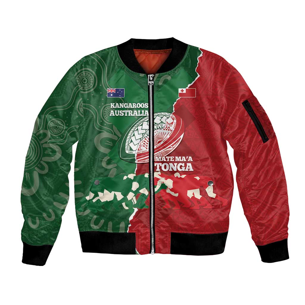 Custom Tonga And Australia Rugby Sleeve Zip Bomber Jacket Mate Maa Tongan Ngatu Mix Kangaroos Aboriginal