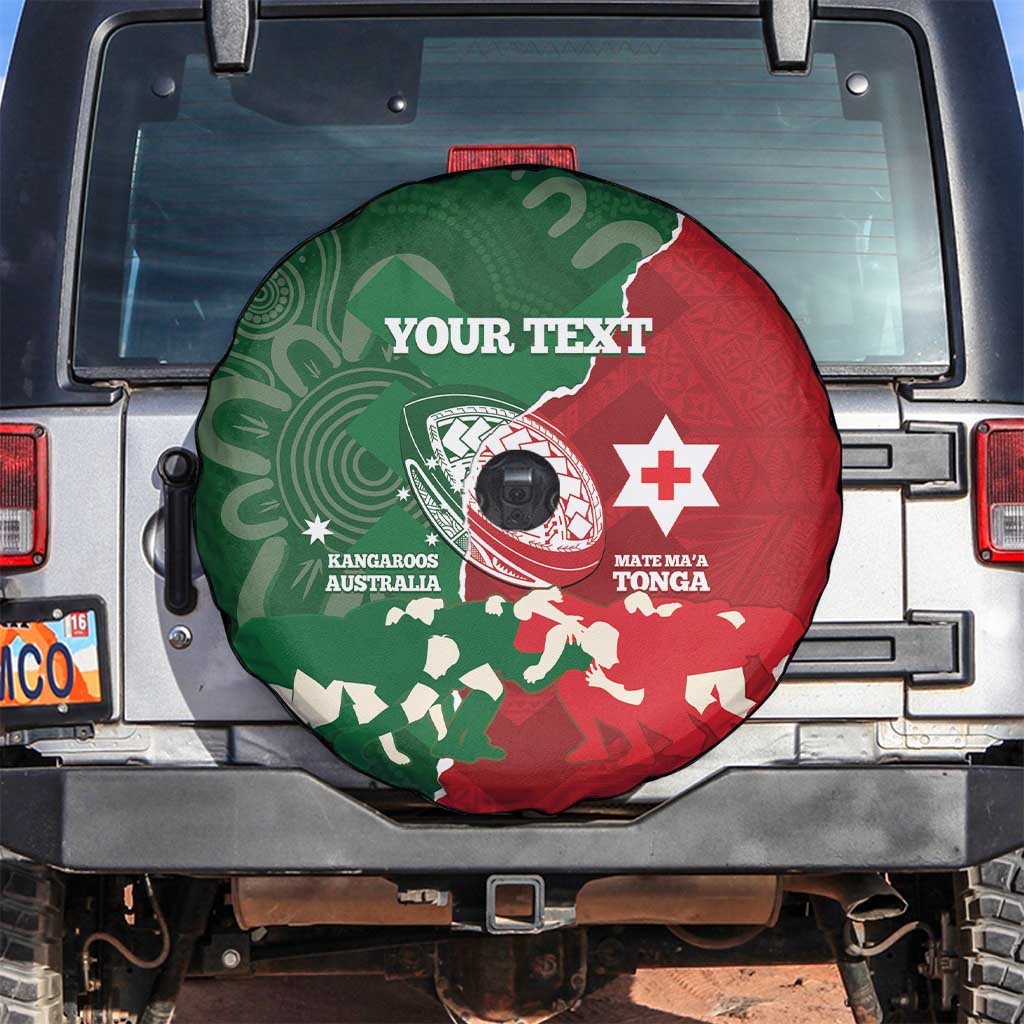 Custom Tonga And Australia Rugby Spare Tire Cover Mate Maa Tongan Ngatu Mix Kangaroos Aboriginal LT14 Green - Polynesian Pride