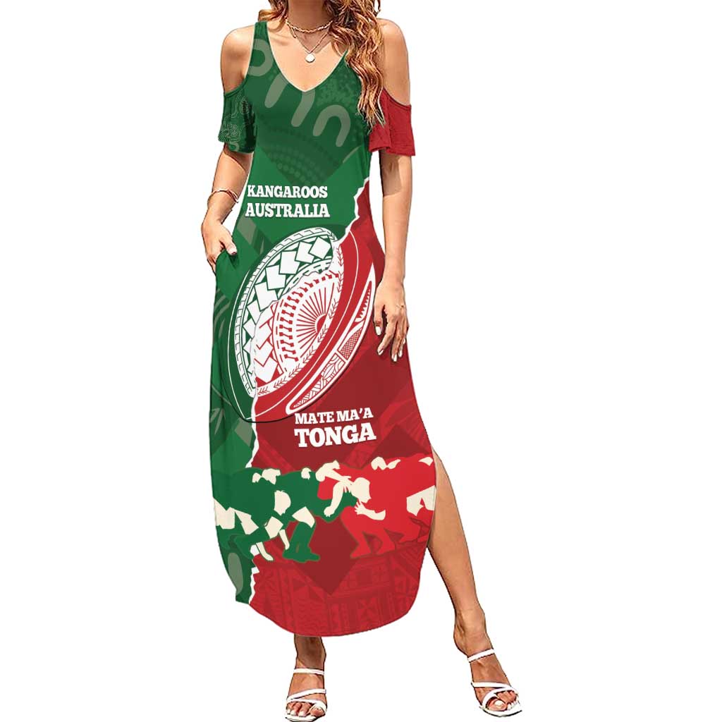Custom Tonga And Australia Rugby Summer Maxi Dress Mate Maa Tongan Ngatu Mix Kangaroos Aboriginal LT14 Women Green - Polynesian Pride