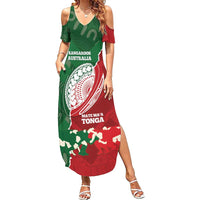 Custom Tonga And Australia Rugby Summer Maxi Dress Mate Maa Tongan Ngatu Mix Kangaroos Aboriginal LT14 Women Green - Polynesian Pride
