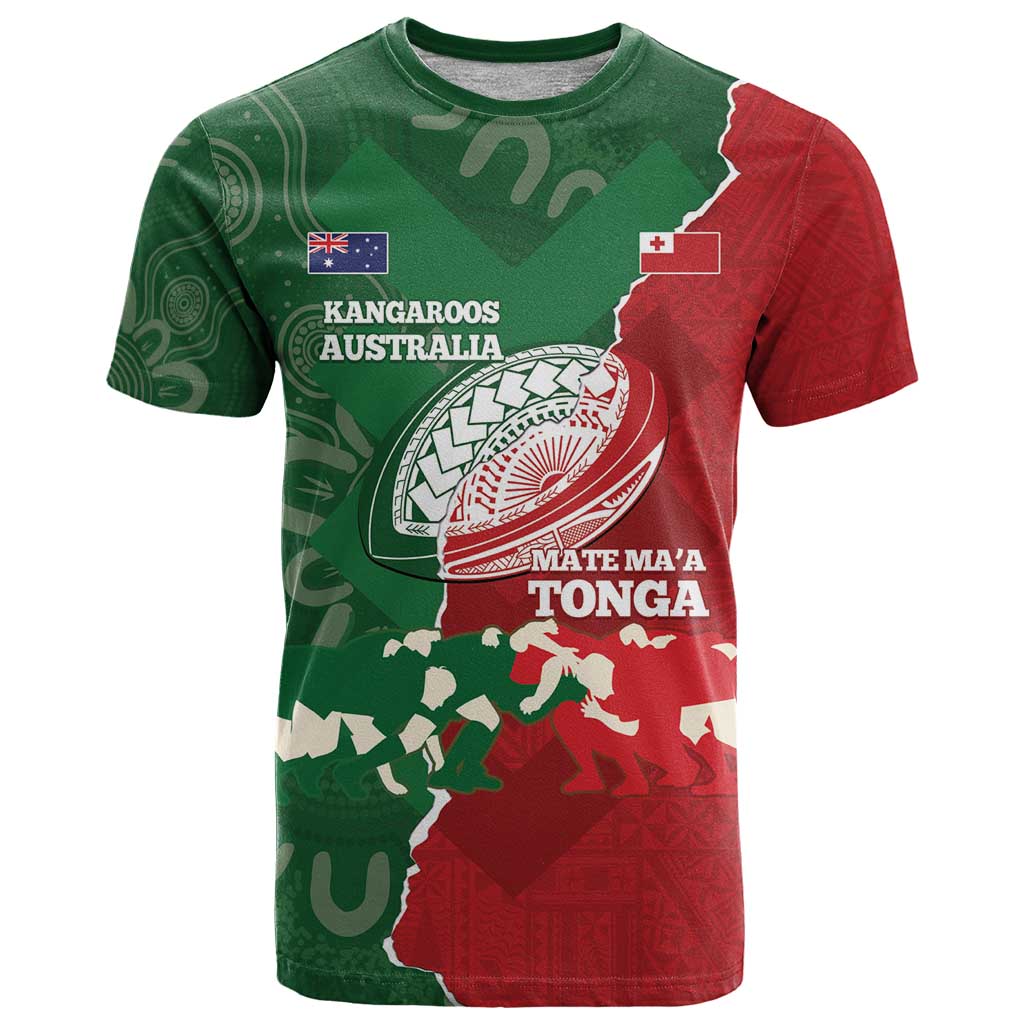Custom Tonga And Australia Rugby T Shirt Mate Maa Tongan Ngatu Mix Kangaroos Aboriginal LT14 Green - Polynesian Pride