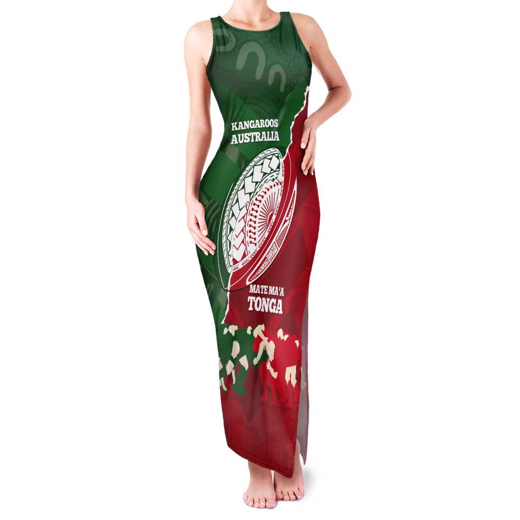 Custom Tonga And Australia Rugby Tank Maxi Dress Mate Maa Tongan Ngatu Mix Kangaroos Aboriginal LT14 Women Green - Polynesian Pride