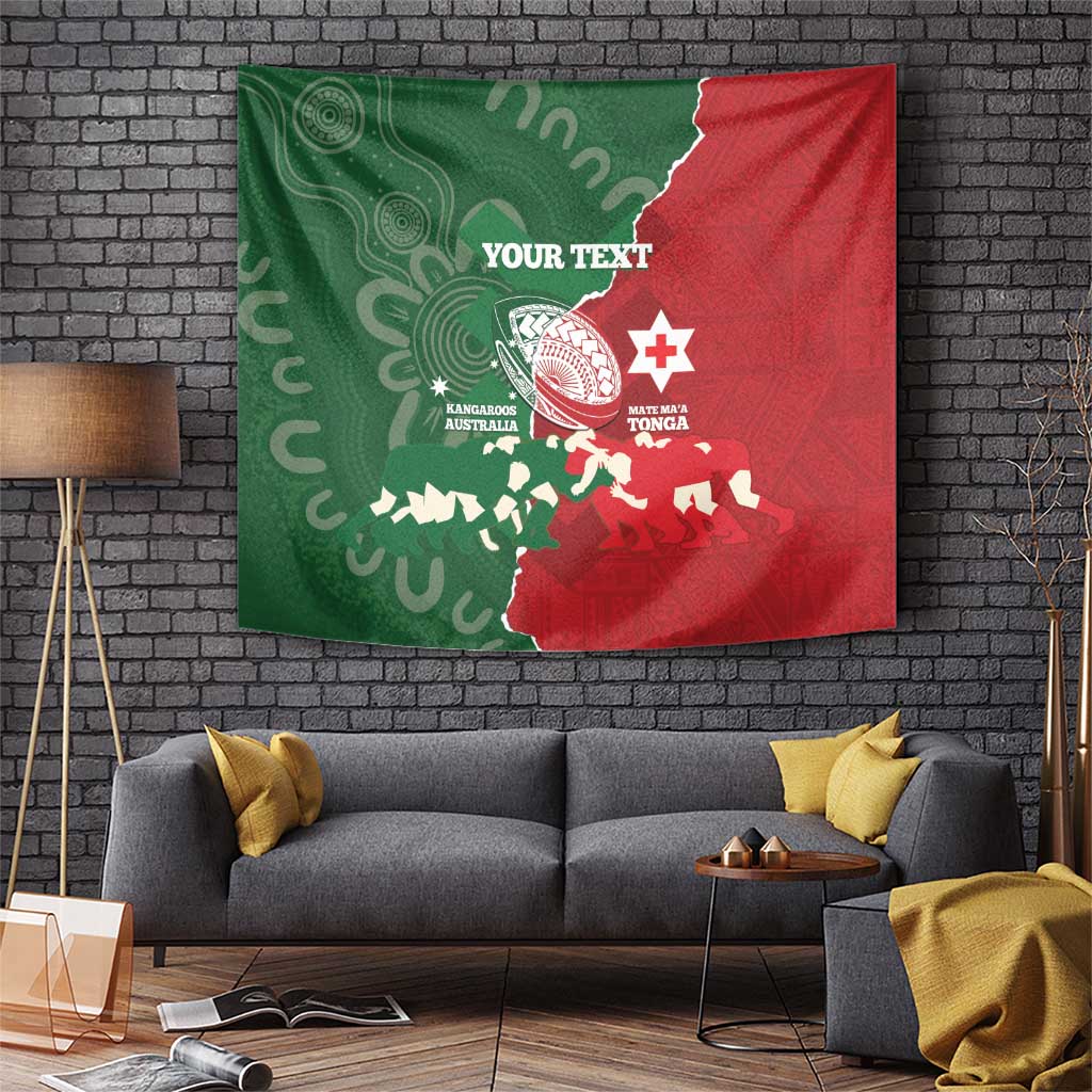 Custom Tonga And Australia Rugby Tapestry Mate Maa Tongan Ngatu Mix Kangaroos Aboriginal