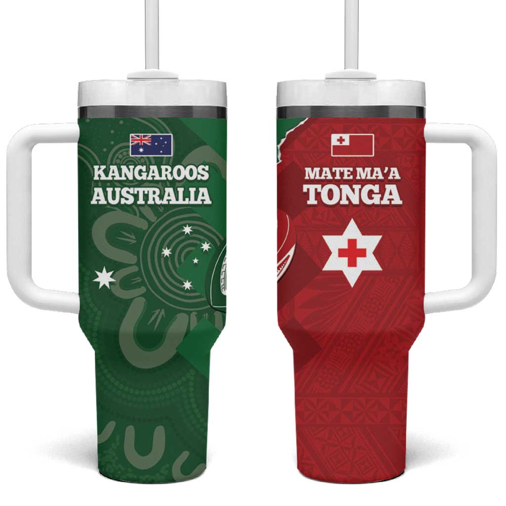 Tonga And Australia Rugby Tumbler With Handle Mate Maa Tongan Ngatu Mix Kangaroos Aboriginal