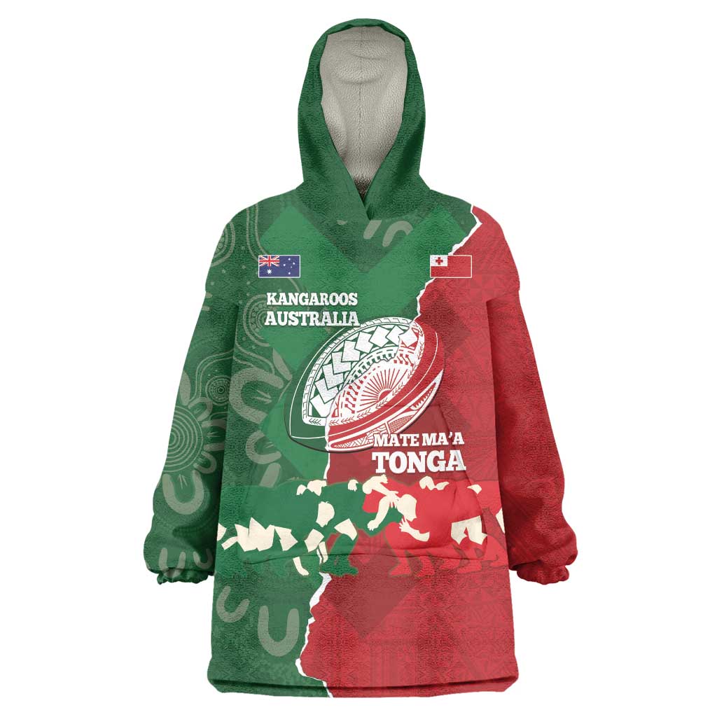 Custom Tonga And Australia Rugby Wearable Blanket Hoodie Mate Maa Tongan Ngatu Mix Kangaroos Aboriginal