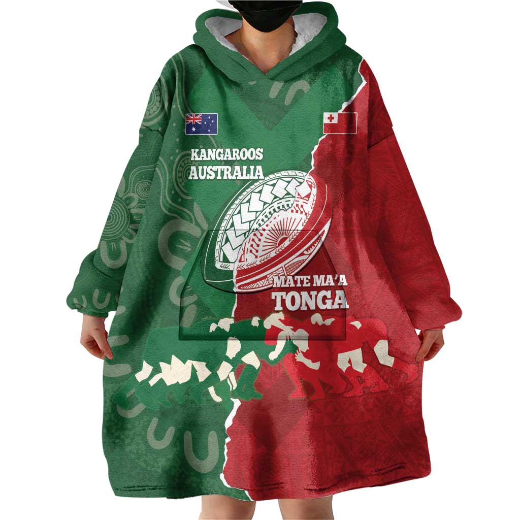 Custom Tonga And Australia Rugby Wearable Blanket Hoodie Mate Maa Tongan Ngatu Mix Kangaroos Aboriginal
